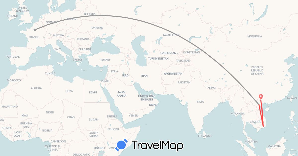 TravelMap itinerary: driving, plane, hiking in France, Vietnam (Asia, Europe)